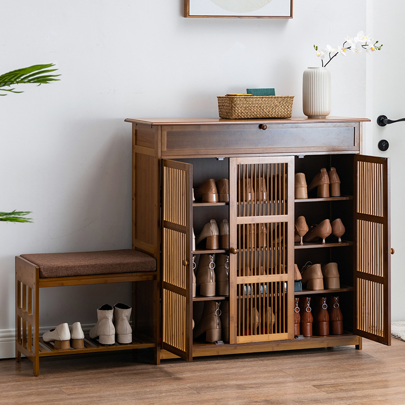 Zapatero de gran capacidad para la entrada del hogar, armario de almacenamiento para el recibidor interior, nueva solución de almacenamiento de bambú de varias capas de estilo chino.