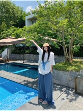 夏季慵懒风宽松百搭燕子印花手工贴片短袖T恤牛仔阔腿长裤套装女