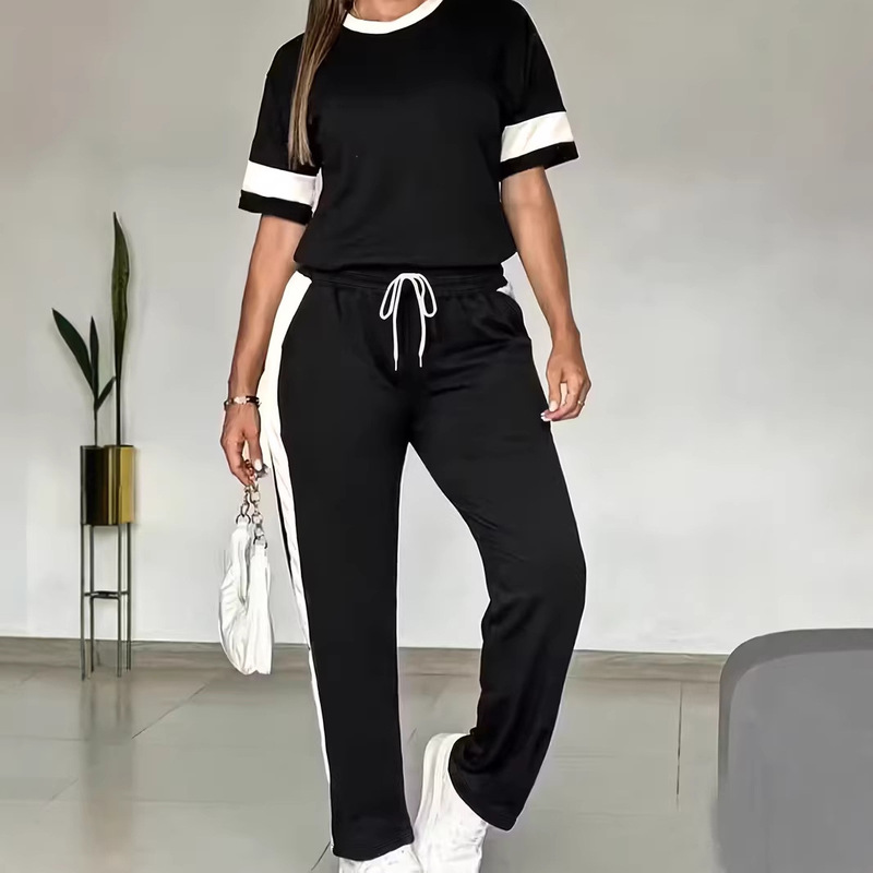 European and American Cross-Border Spring and Summer New Casual Set Short-Sleeve Top and Pants with Side Stripes and Color-Blocking, Popular Two-Piece Set for Women