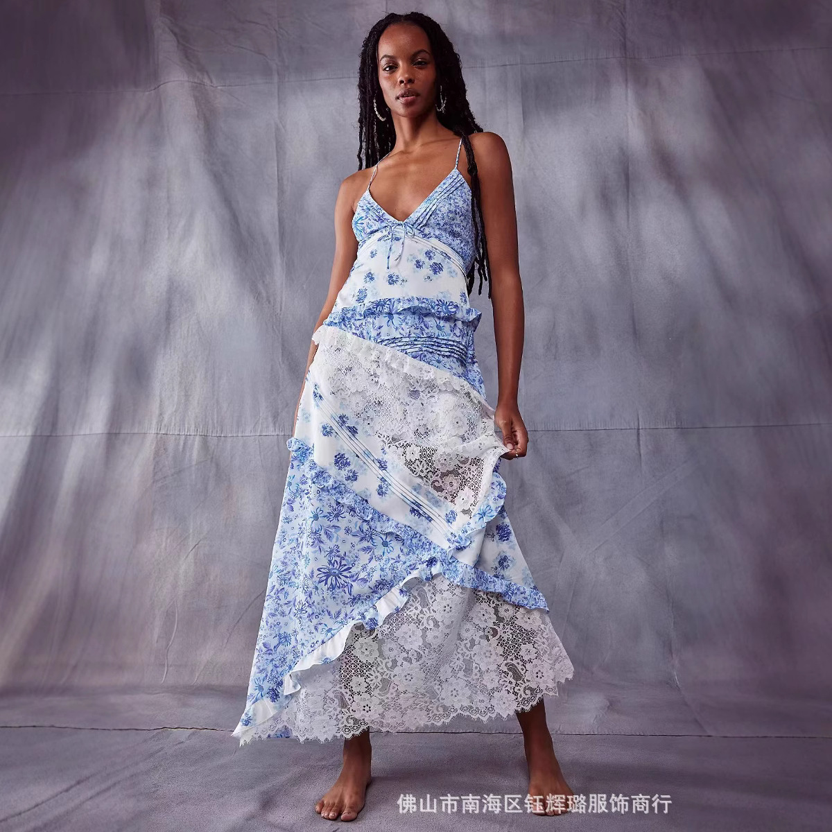 New Amazon European and American Women's Instagram Vacation Dress Hollow Slim Deep V Ruffled Floral Backless dress