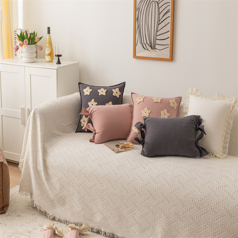 Housse de coussin de canapé en coton et lin de couleur unie avec nœud brodé en forme d'étoile pour décoration de maison_voghion.com