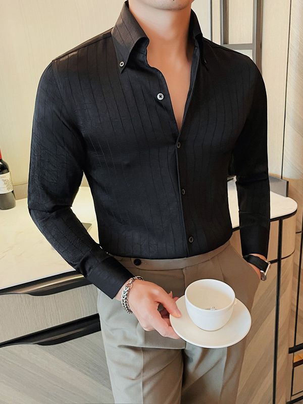 Otoño 2023 camisa de manga larga elegante camisa arrugada en relieve de alta calidad para hombres camisa de cuello alto cuello abierto con cuello en V