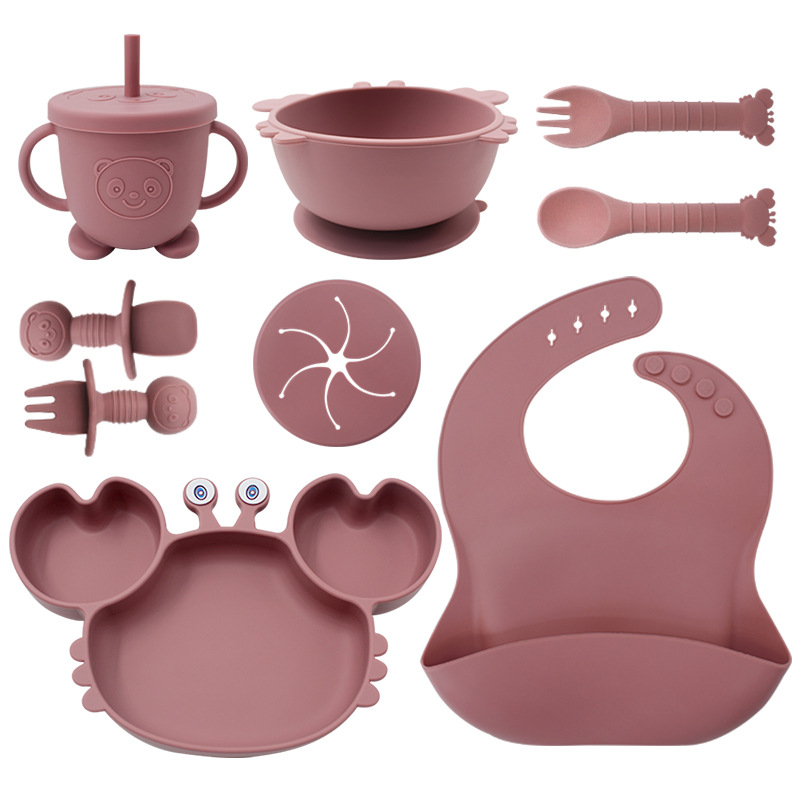 cubiertos de silicona para niños, platos de alimentación para bebés, cucharas de cangrejo, cuchillas de tenedor, bacon de nueve piezas, cubiertos de dibujos animados para bebés