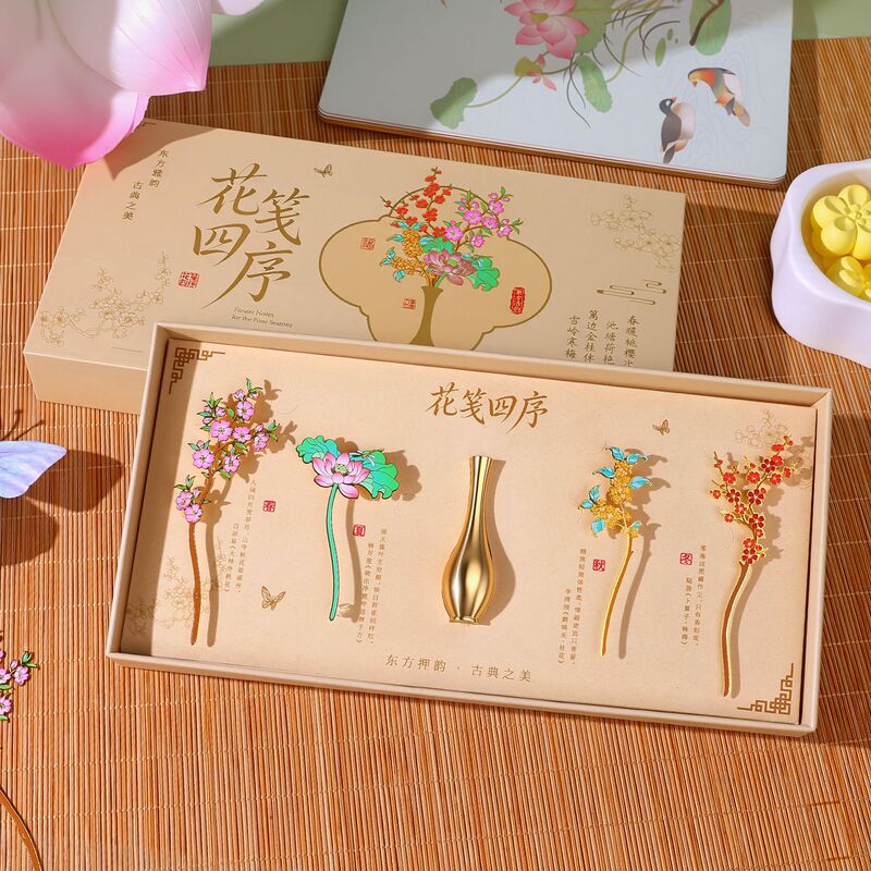 Floral Four Seasons Metal Bookmark Set - Chinese Style Retro Artistic Souvenir, Exquisite High-Value Practical Small Gift