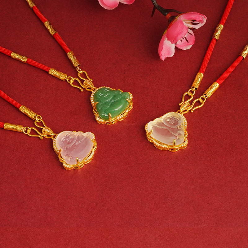 Lujo con incrustaciones de Buda colgante de Gema sintética de cristal Rosa patrón en forma de Buda temperamento auspicioso Lucky suministro directo de fábrica joyería al por mayor