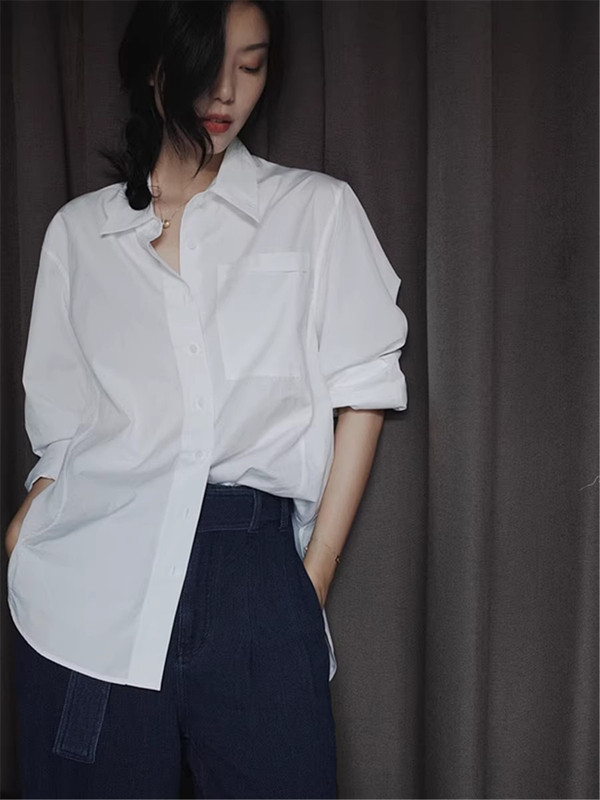 C712法式白色叠穿长袖衬衫外套女春秋新款高级感宽松bf慵懒风休闲|undefined