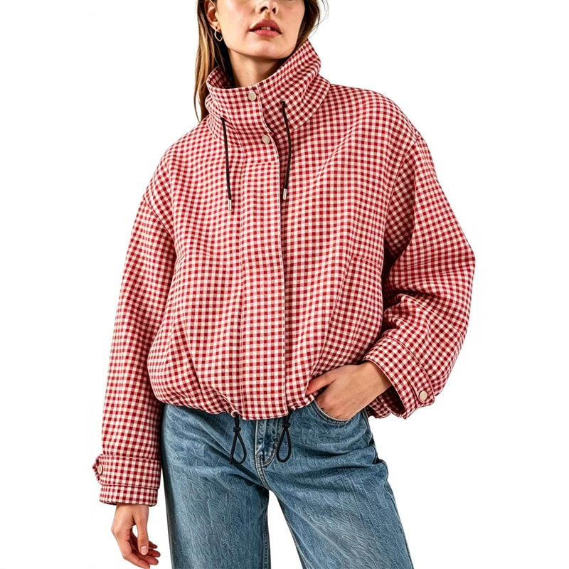 European and American foreign trade women's clothing cross-border plaid lapel zip-up loose jacket casual silhouette short coat