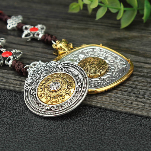 Nine Palace Eight Trigrams Hand Pendant with Rotating Twelve Zodiac Signs for Year of Birth, Tibetan Ethnic Style, Eight Auspicious Symbols, Unisex Hanging Ornaments