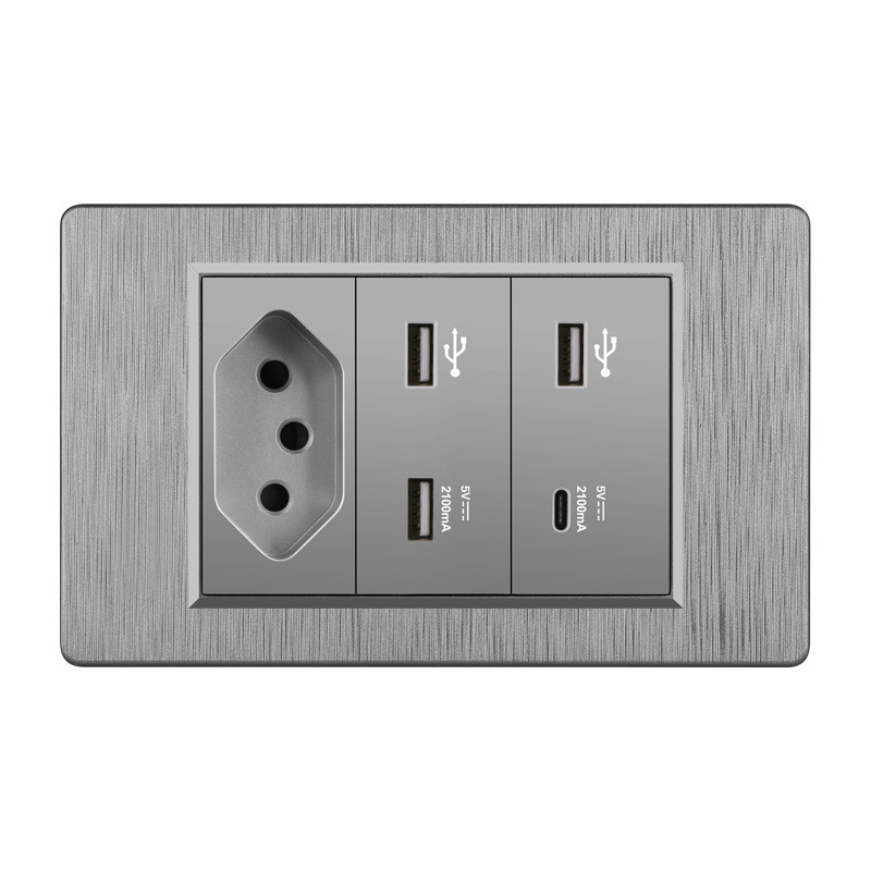 Comercio exterior 118 tipo 10A América del Sur Brasil pared de tres orificios enchufe de carga USB TYPEC panel gris
