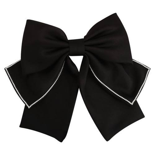 Elegant satin bow hair clip with diamond embellishments, back of head spring clip, stylish French retro hair accessory for women
