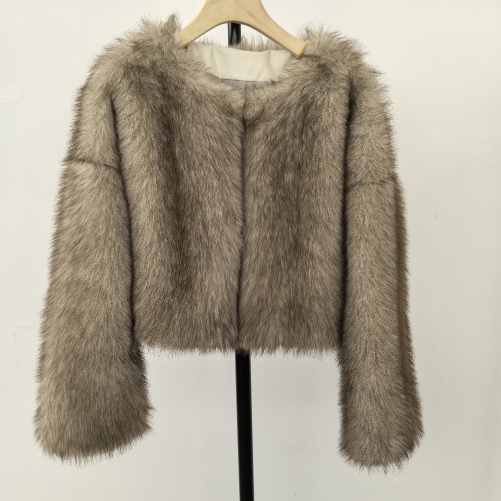 Women's Clothing Eco-Friendly Faux Fur Coat Winter Short Jacket Soft Plush Round Neck Fashion Outerwear Custom Colors (White/Cream, Grey/Cream, Brown)_voghion.com