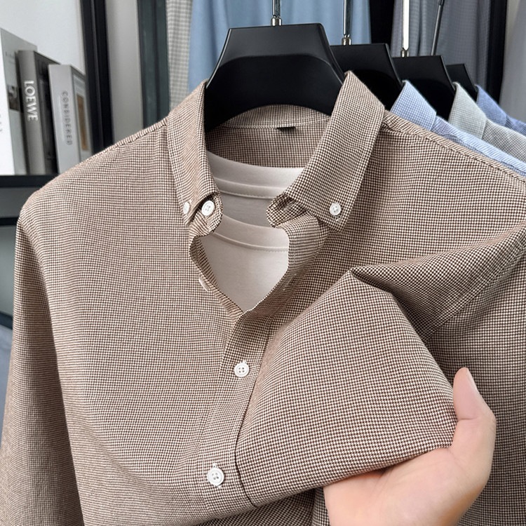 2026 Spring New Arrival: Pure Cotton Plaid Long-Sleeve Shirt with Square Collar for Middle-Aged Men, Business Cardigan Shirt