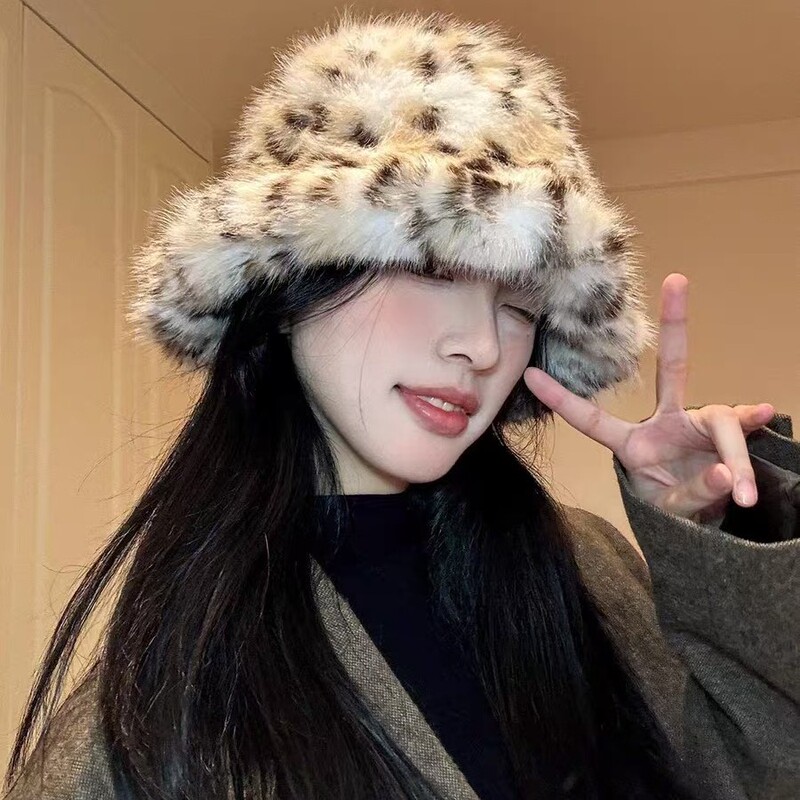 跨境秋冬季仿狐狸毛豹纹渔夫帽韩版时尚毛绒帽加厚保暖仿皮草帽子|undefined
