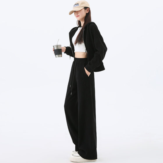 Sports Suit Women's Spring and Autum Hooded Sweatshirt Cardigan Slimming Look 2025 New Casual Chenille Wide-Leg Pants