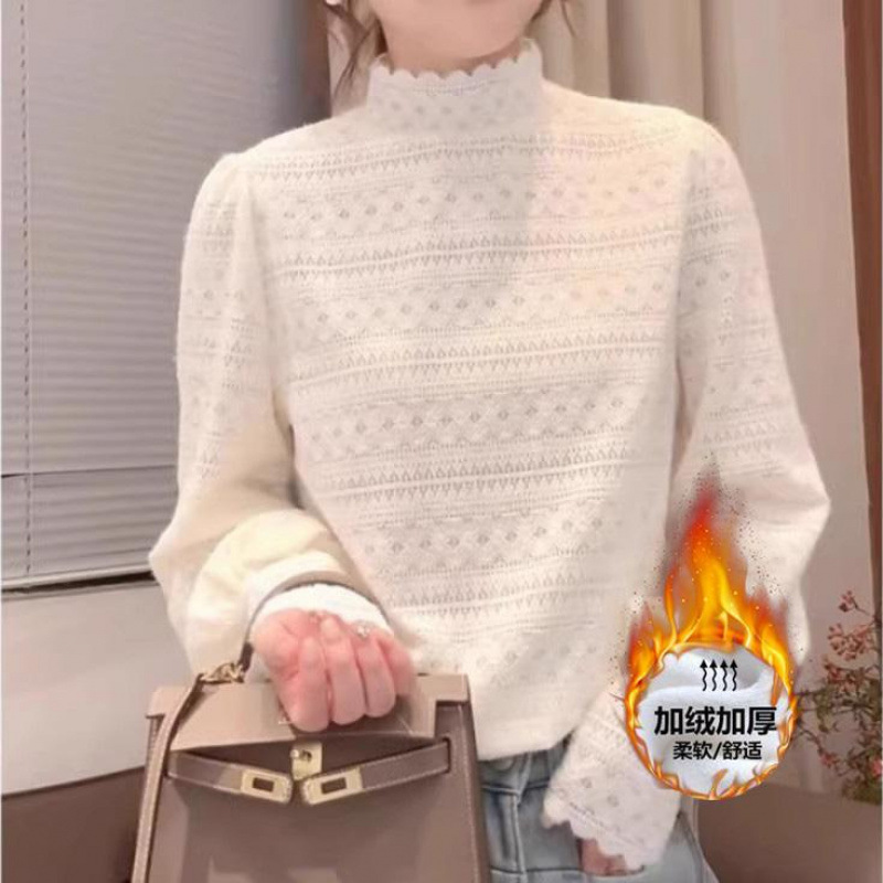 4526设计感磨毛蕾丝边打底衫T恤女秋冬高级感法式钩花半高领长袖|undefined