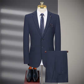 2026春秋新款男式西服套装格子双开叉商务休闲职业西装白领套装男