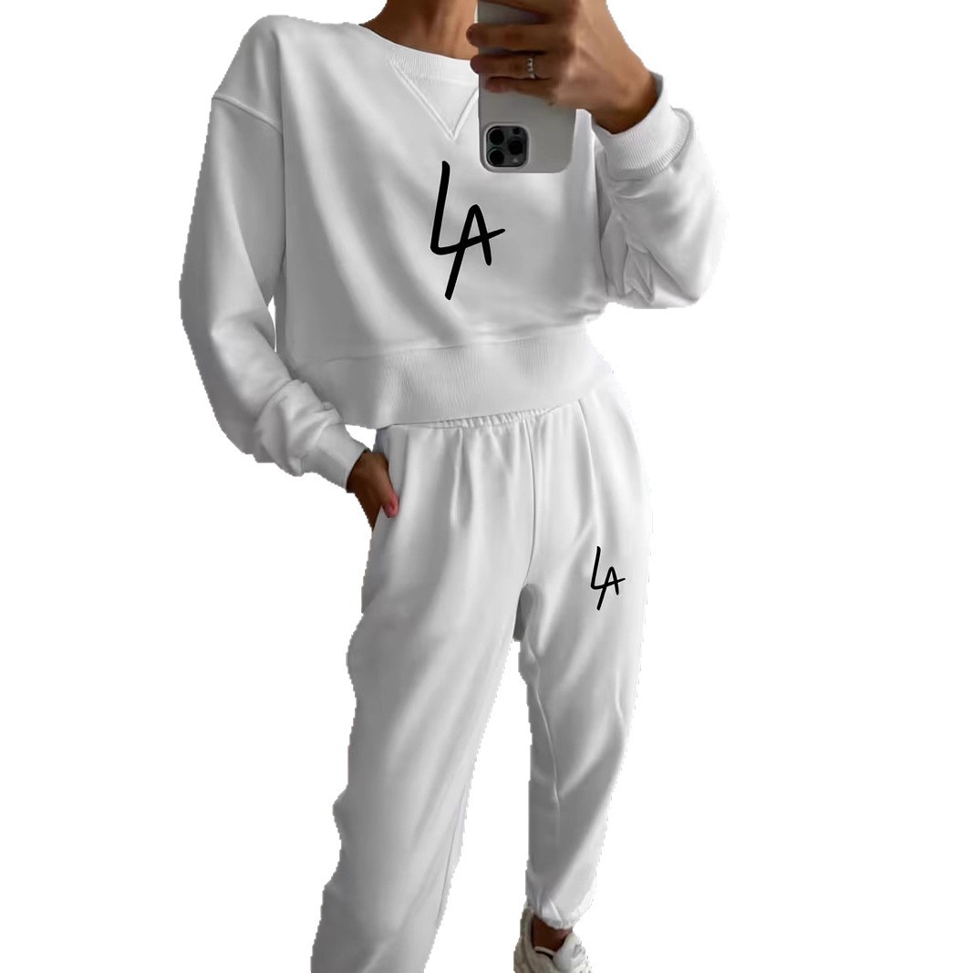 Women's Fleece Lined Two Piece Set Autumn Winter Casual Round Neck Trendy Print European American Style_voghion.com