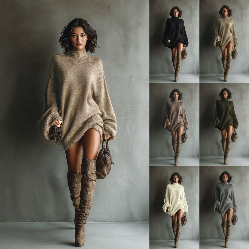 2026 Autumn Cross-Border Women's Clothing Amazon Retro High-Neck Knitted Mini Dress Loose Casual Sweater Short Skirt 2026 Autumn Cross-Border Women's Clothing Amazon Retro High-Neck Knitted Mini Dress Loose Casual Sweater Short Skirt