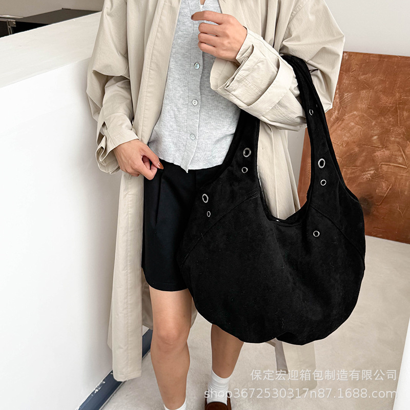 跨境批发简约休闲个性仿麂皮绒大容量手提包铆钉单肩托特包饺子包|undefined
