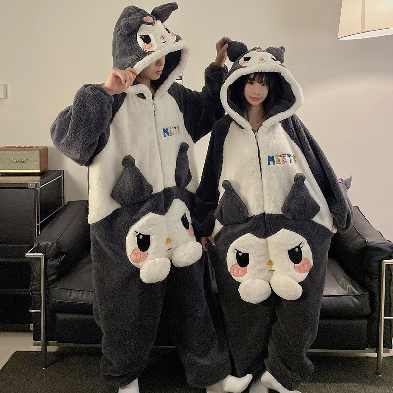 ワンピースのカップルのパジャマの女性の珊瑚の絨毯は厚いです。秋冬の男性のファスナーのフランネルの家の服は一体になります。|undefined