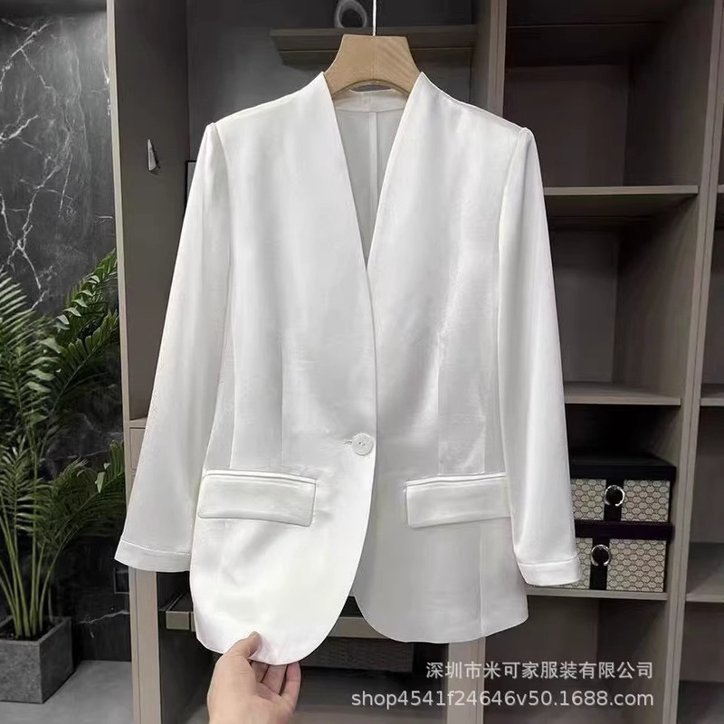 High-End Street-Style Goddess Vibe Triacetate Satin Cropped Sleeve Blazer Jacket for Women, Summer Thin Style High-End Street-Style Goddess Vibe Triacetate Satin Cropped Sleeve Blazer Jacket for Women, Summer Thin Style