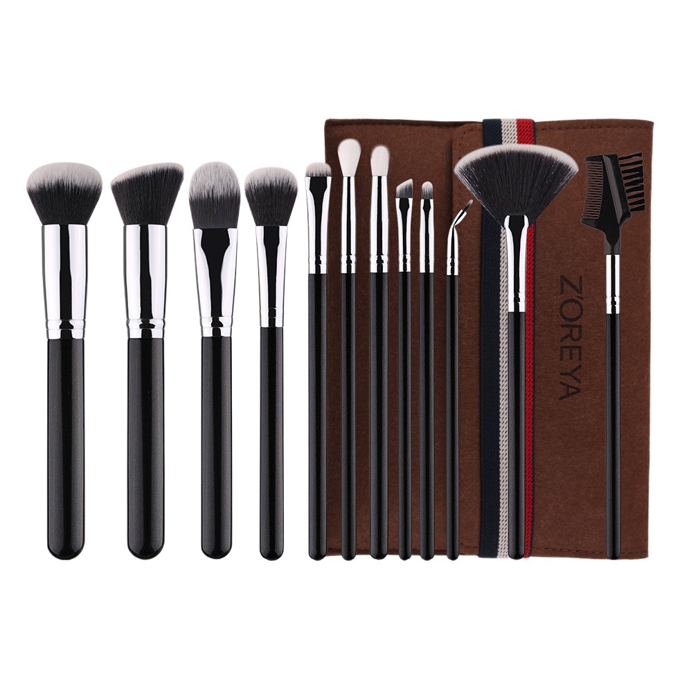 Zhuolya transfronteriza negro Mango de madera herramientas de belleza polvo suelto sombra de ojos cepillo de labios traje 12 pinceles de maquillaje conjunto completo venta al por mayor