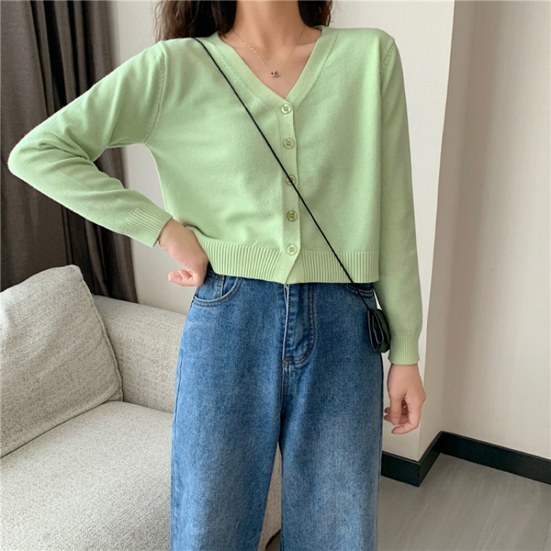 针织衫女韩版小个子纯色外套短款开衫V领内搭长袖毛衣小简约学生|undefined