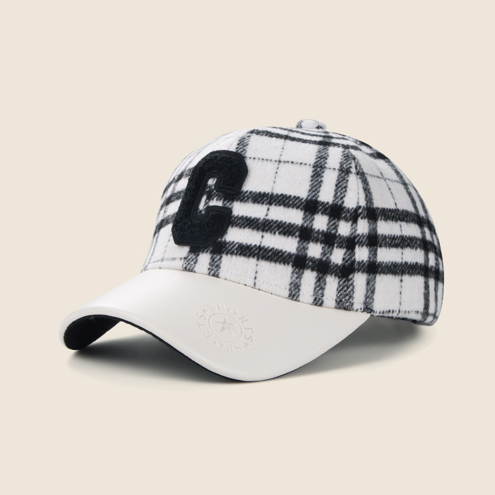 Children's C Letter Plaid Baseball Cap Autumn Winter Warm Leather Brim Stitching Hat Boy Student Fashion Peaked Cap display picture 7