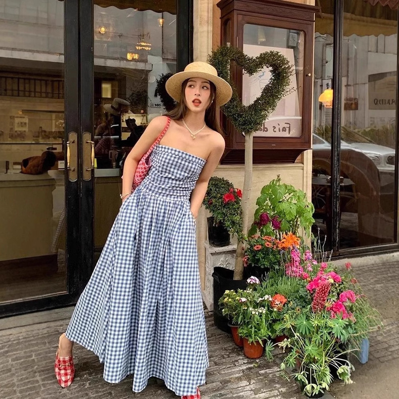 Tea Break French Style High-end Sling Strapless Plaid dress Women's Summer Slim Look Elegant Long Skirt for Small Women Tea Break French Style High-end Sling Strapless Plaid dress Women's Summer Slim Look Elegant Long Skirt for Small Women