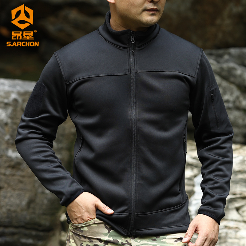 Angken Outdoor Winter Tactical Commuting Jacket Men's Stand Collar Cardigan Wear-Resistant Lightweight Warm Fleece-Lined Top