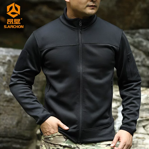 Angken Outdoor Winter Tactical Commuting Jacket Men's Stand Collar Cardigan Wear-Resistant Lightweight Warm Fleece-Lined Top