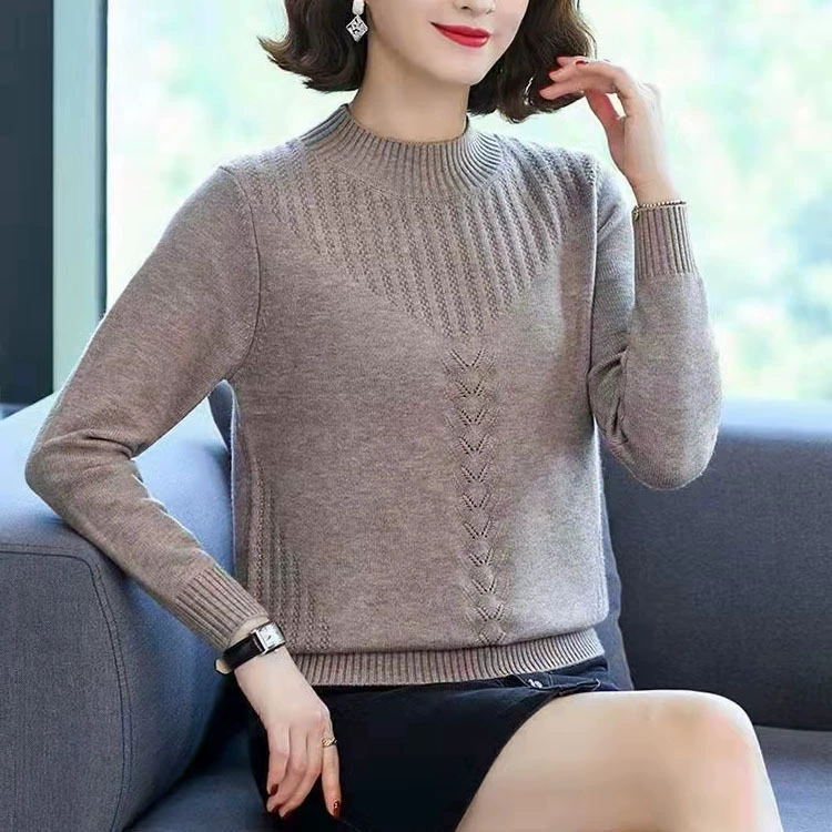 2024 классический корейский осенний и зимний сплошной свитер женский полувысокий воротник с длинными рукавами темперамент повседневный вязаный свитер женский