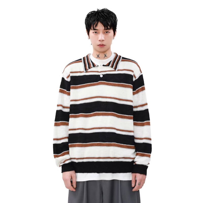 Contrast Color Stitching Polo Collar Knitwear Men's Spring and Autum Japanese Style Retro Lazy Style Loose Stripesd Casual Knitwear