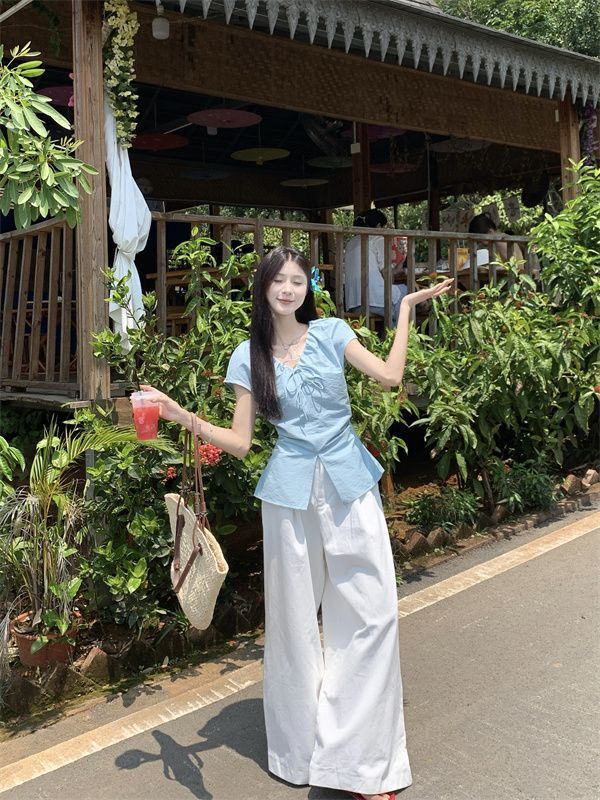 甜美风套装蓝色褶皱短袖衬衫女夏季新款高腰显瘦阔腿裤两件套|undefined