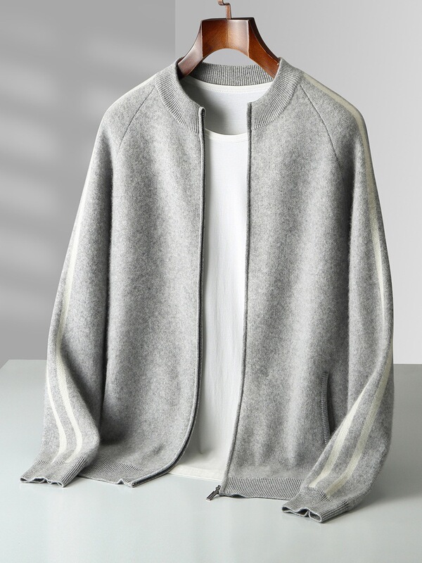 2025 Autumn and Winter New 100% Wool Cardigan Men's Round Neck Cashmere Jacket Thickeneded Contrasting Color Knitted Sweater Men's Clothing