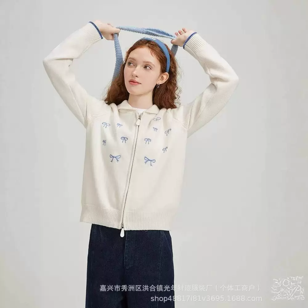 复古甜美蝴蝶结针织开衫上衣女春秋小个子设计感翻领内搭毛衣外套
