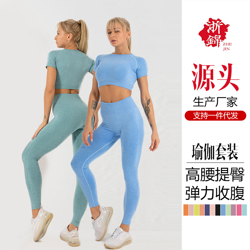 Seamless Knit Yoga Fitness Short Sleeve Pants Two Piece Set Women