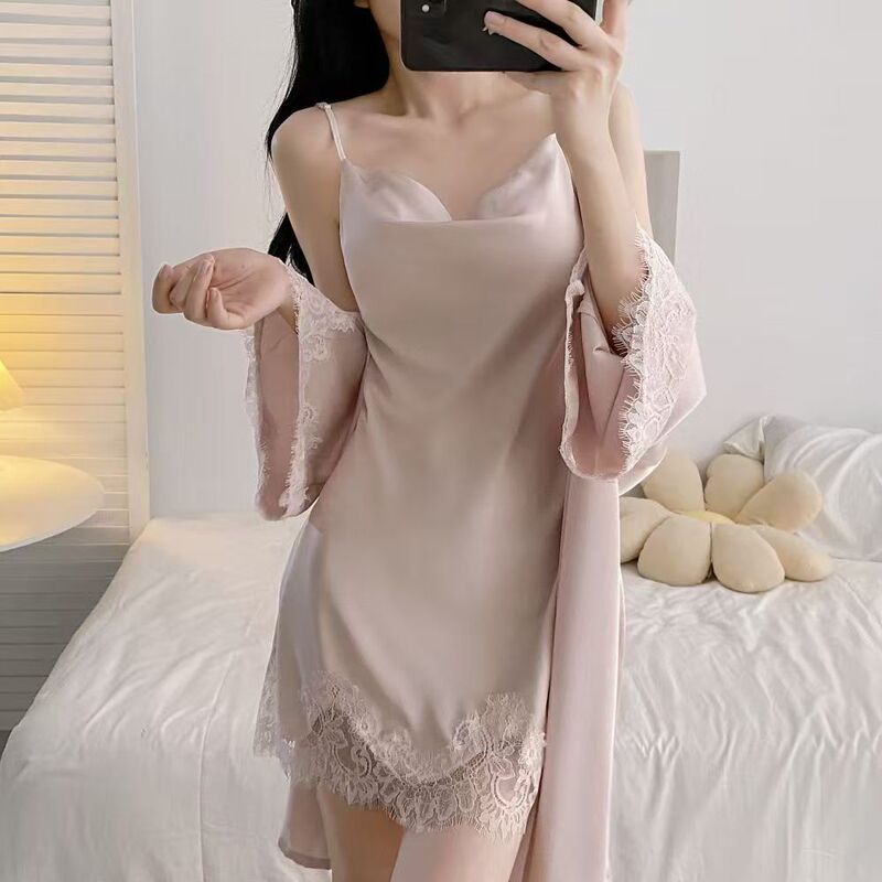 New Style Ice Silk Pajamas for Women, Summer Sexy Swing-Neck Strap Nightgown Two-Piece Set, Spring and Autumn Nightdress, Home Wear New Style Ice Silk Pajamas for Women, Summer Sexy Swing-Neck Strap Nightgown Two-Piece Set, Spring and Autumn Nightdress, Home Wear