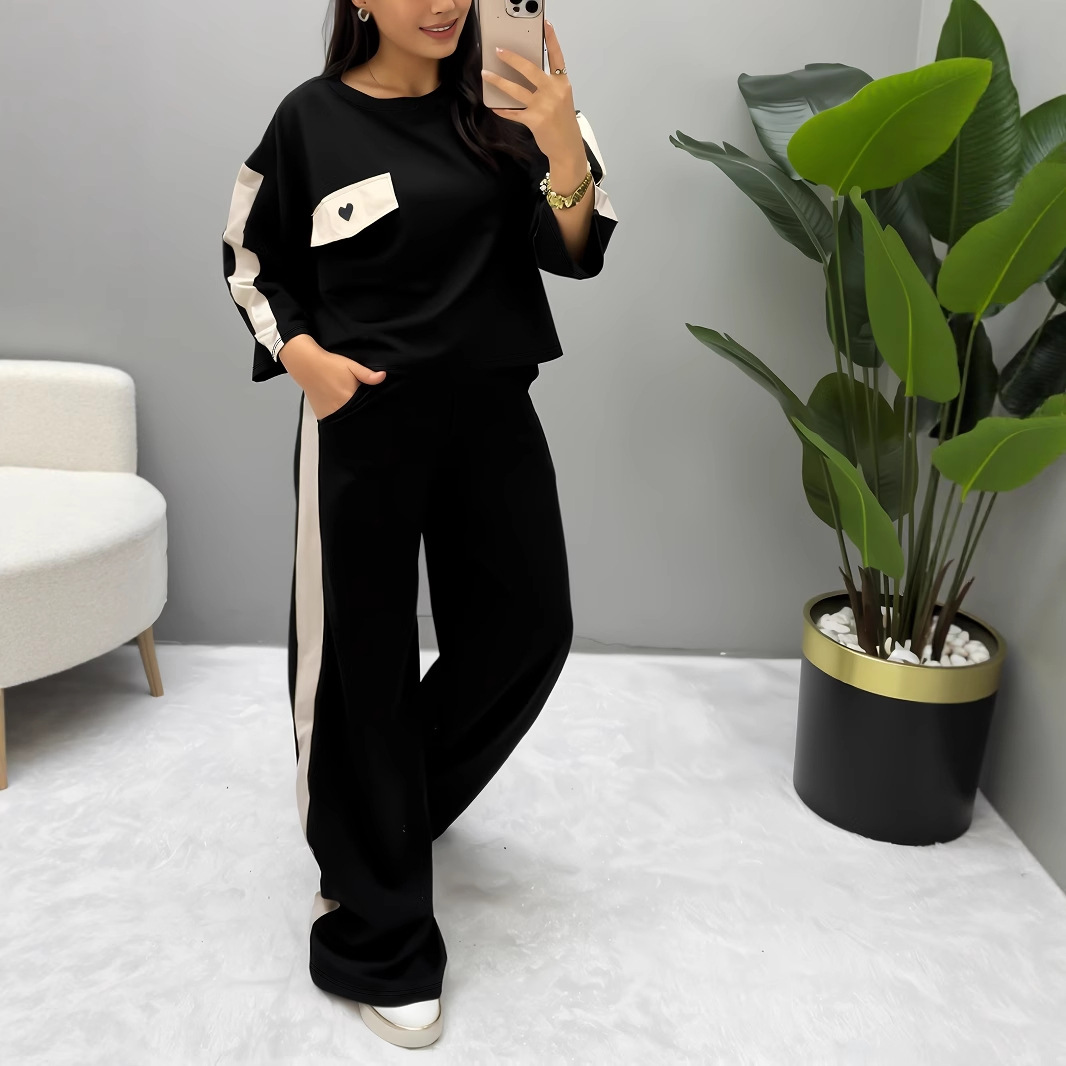Women's Casual Short Sleeve Top With Color Blocking And Straight Leg Pants Two-Piece Lounge Set Versatile For Multiple Occasions_ecoleips.com