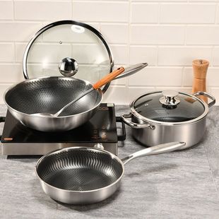 304 Stainless Steel Pot Set Three-Piece Household Non-Stick Wok Soup Pot Frying Pan Induction Cooker Gas Universal