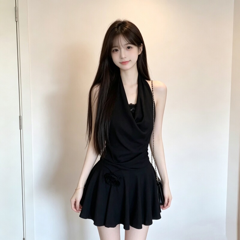 Elegant and alluring halter neck dress for women, casual summer new style, backless, waist-cinching, slimming A-line short dress