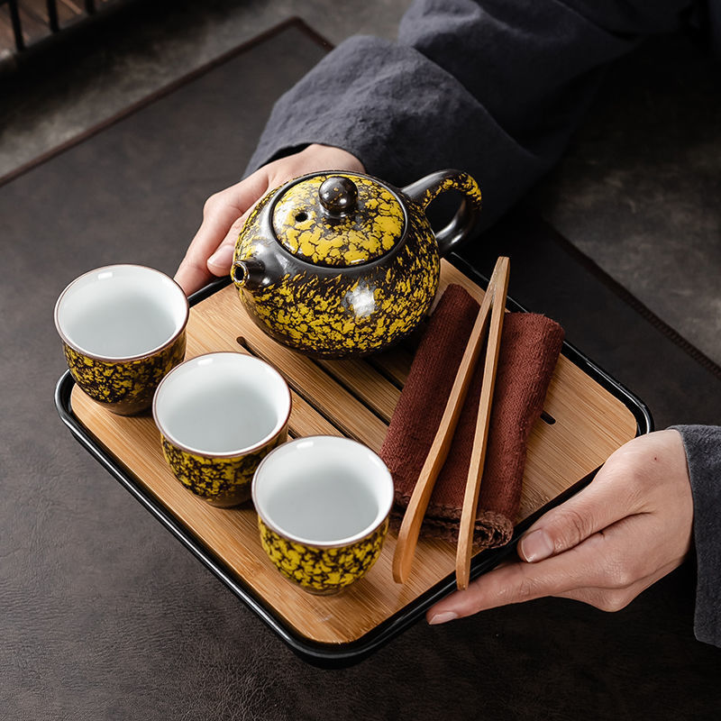 Small Set of Kung Fu Tea Set for Home Guests, Small Complete Set of Teapot, Teacup Bowl, Small Tea Tray, Simple Tea Table