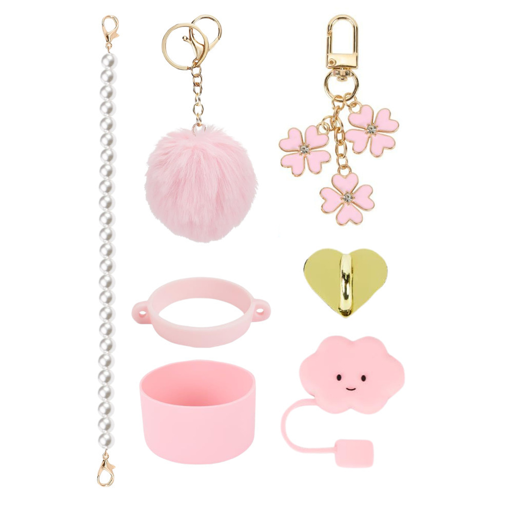7pcs taza Stanley cuerda de mano colgante de silicona flor tapa de pajita bola de felpa colgante de copa cadena de taza de color