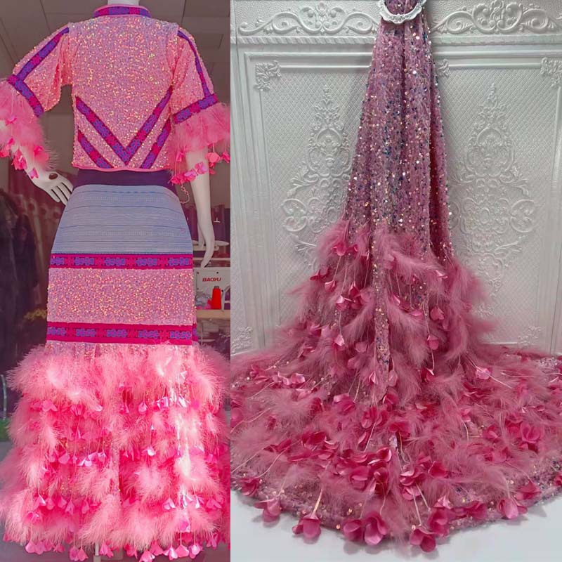 Comercio exterior nueva pluma Otoño e Invierno vestido de novia vestido de noche terciopelo no invertido tridimensional lentejuelas borla floral bordado tela JX1704