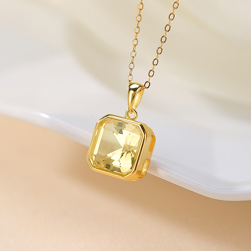 Mặt dây chuyền bạc S925 mạ vàng hình vuông cắt khối pha lê vàng phong cách cổ điển — Mặt dây chuyền đơn (không kèm dây)