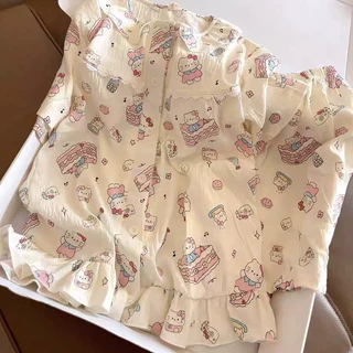日系ins风可爱花边蛋糕小猫睡衣女夏季短袖短裤套装宿舍家居服