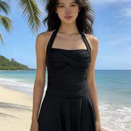 2025跨境新款保守遮肚显瘦连体泳衣欧美纯色裙式聚拢吊带泳装女