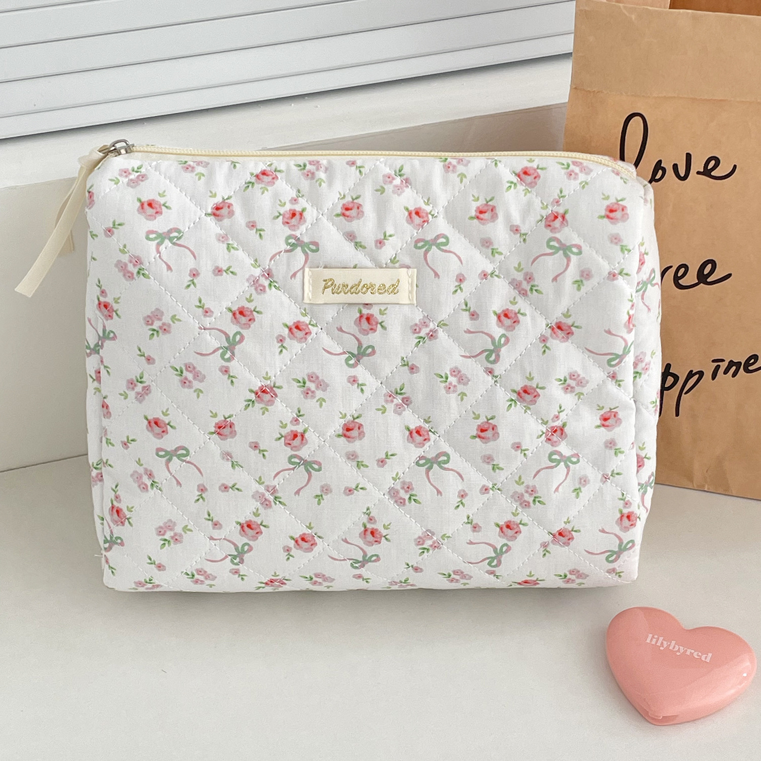All Seasons Season Streetwear Ditsy Floral Bow Knot Quilted Cotton Sewing Thread Square Makeup Bags
