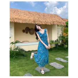 夏季新款气质法式复古碎花结度假连衣裙女洋气修身裙子女