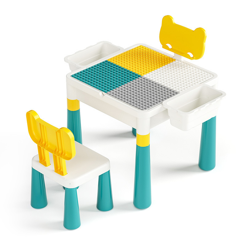 Children's Multifunctional Building Blocks Table with Bookshelf Compatible with Lego Size Granular Building Blocks Kindergarten Assembled Educational Toys